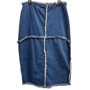 Vintage Y2K Frayed Denim Patchwork Midi Skirt,‎ Raw Hem, 100% Cotton, Size 14